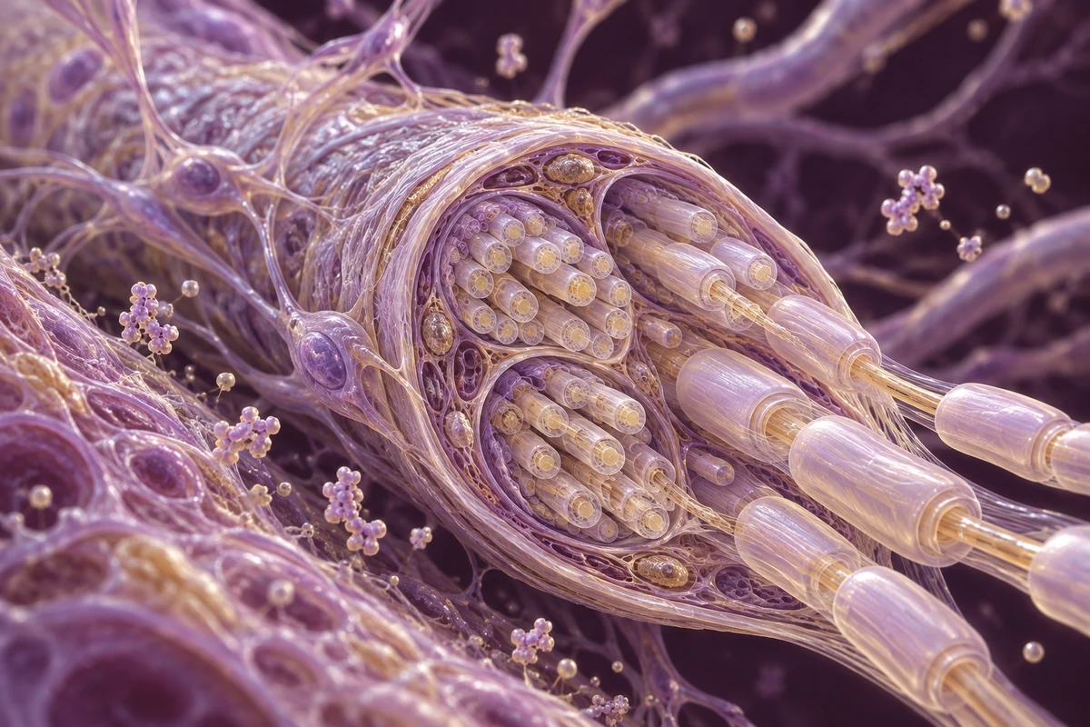 Conceptual peripheral nerve bundles, supporting cells and surrounding peptide particles