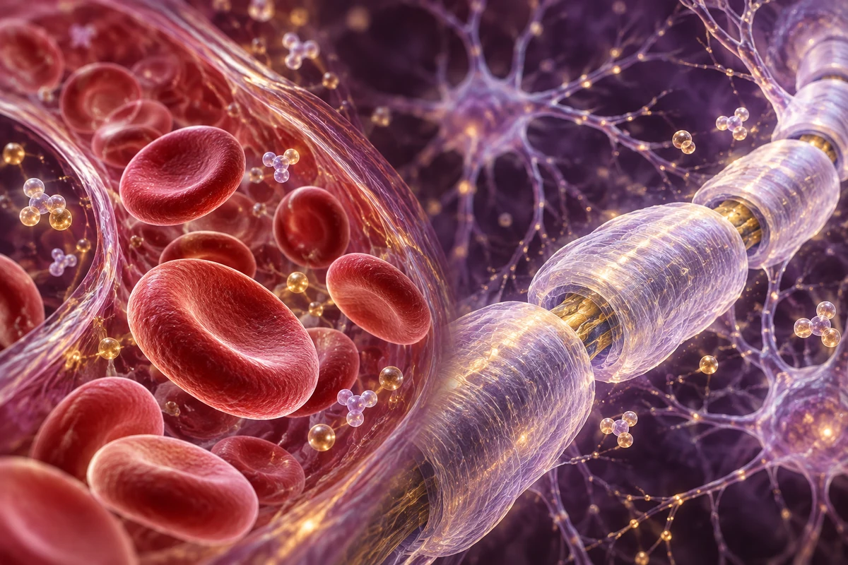 Conceptual red blood cells and a myelinated nerve illustrating vitamin B12 physiology