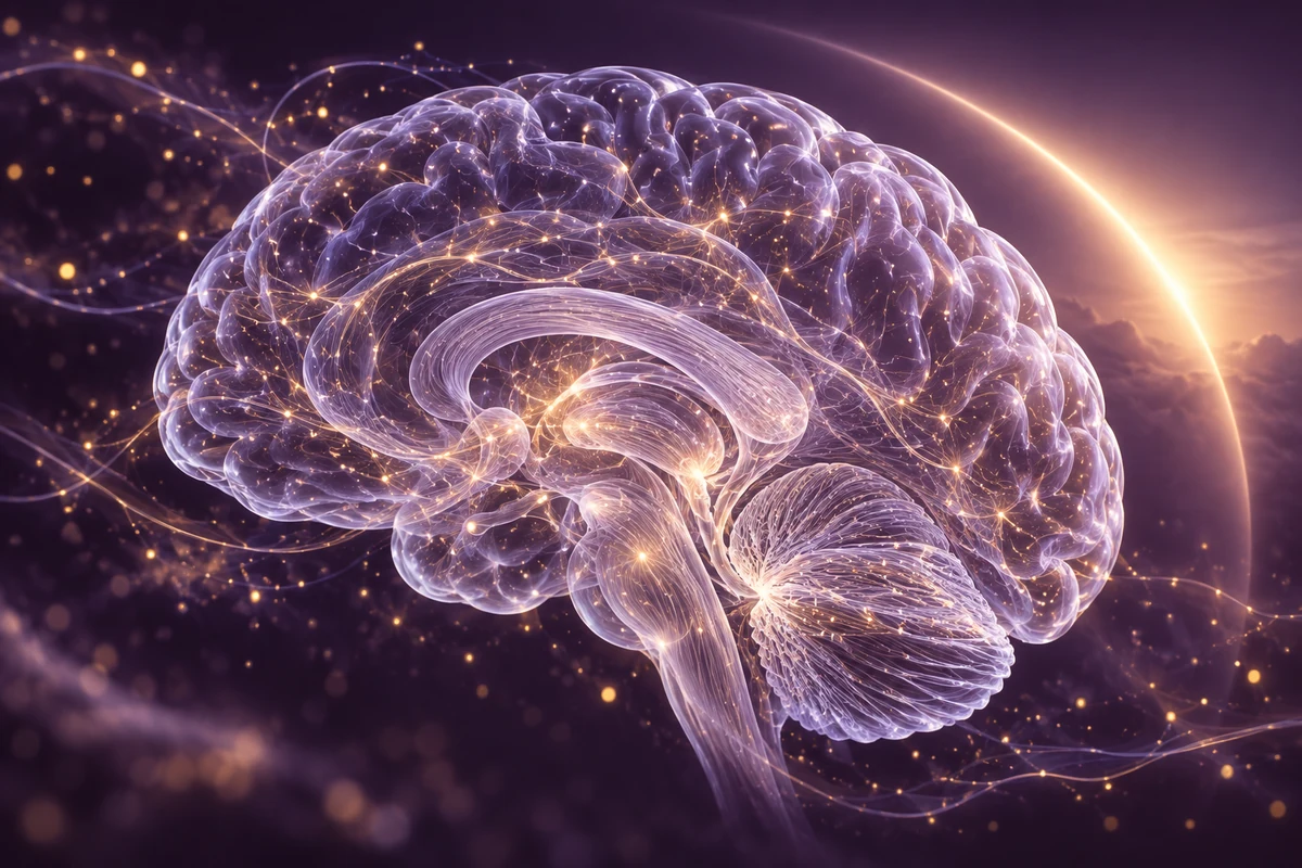 Conceptual brain and surrounding neural environment in a calm sleep-research illustration