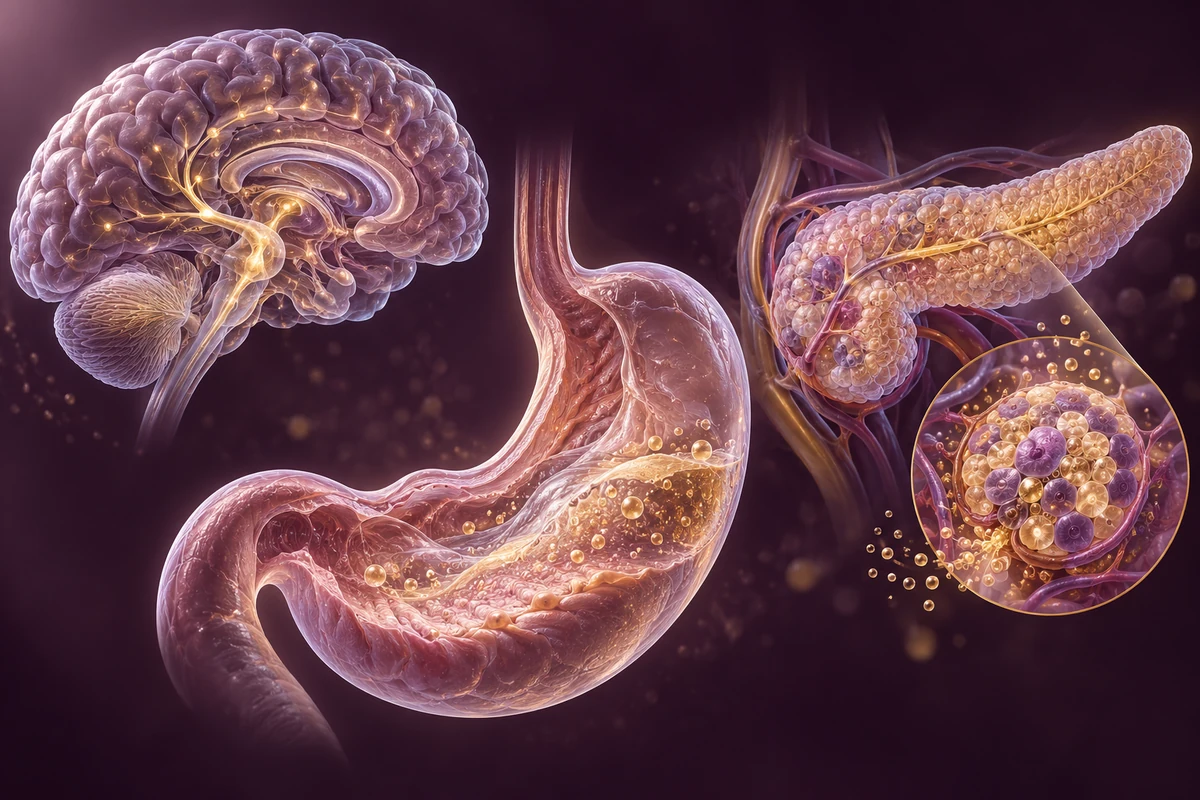 Conceptual brain, stomach and pancreas illustrating the context of incretin physiology