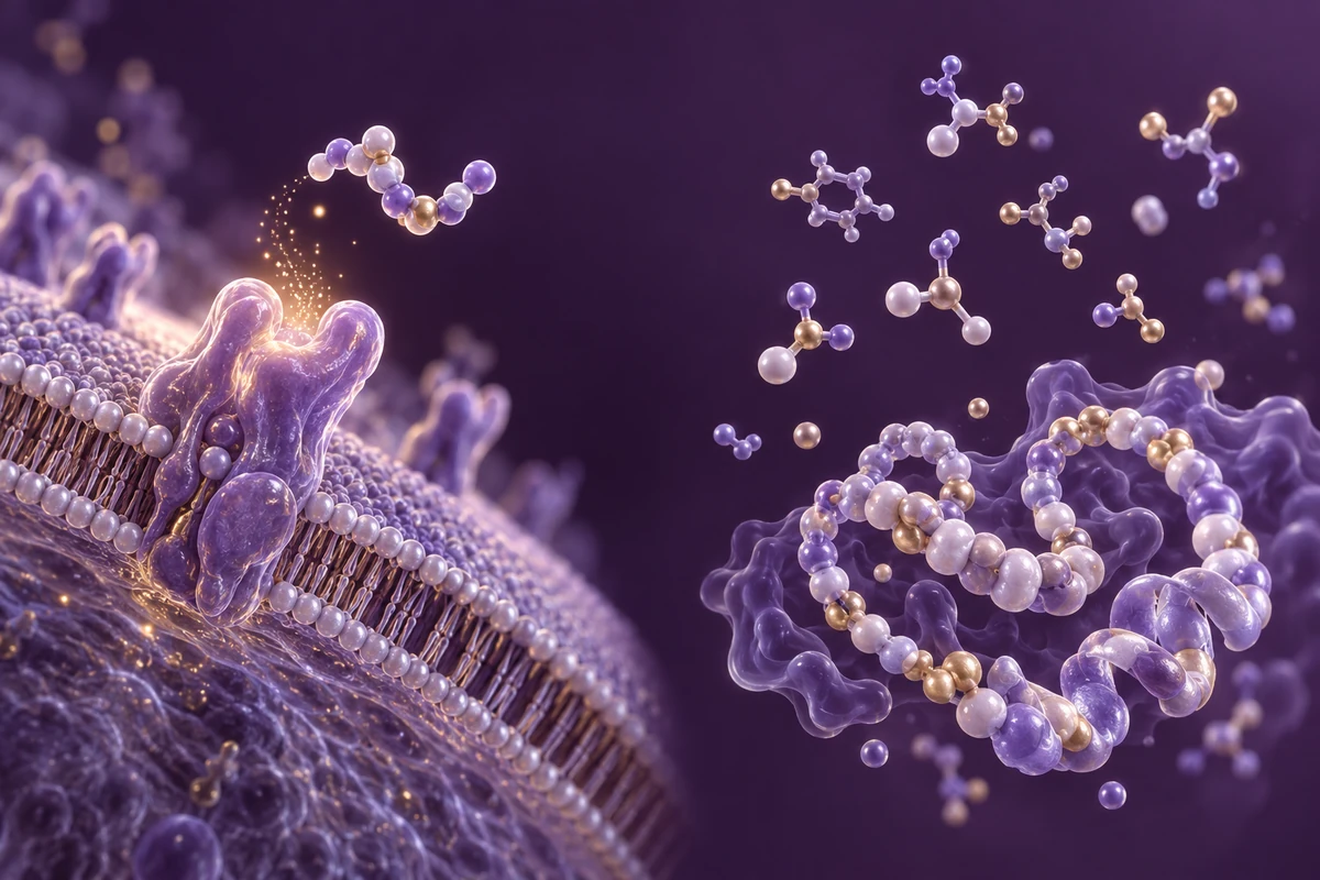 Conceptual pituitary signaling and amino-acid assembly shown as separate research areas
