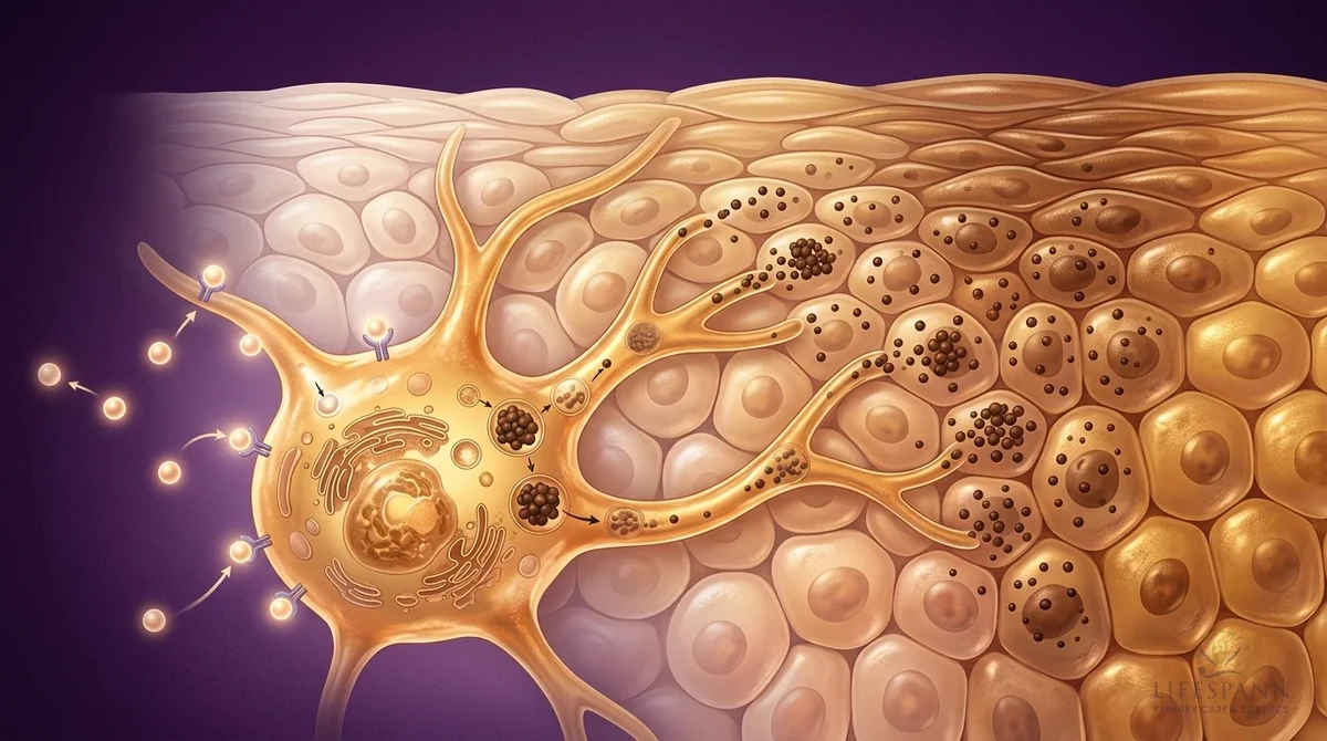 Conceptual skin cross-section with melanocytes and pigment granules