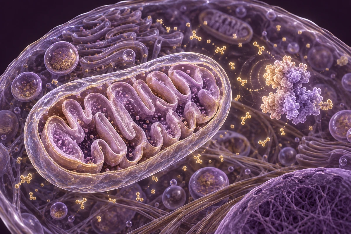 Conceptual mitochondrion with peptide particles in the surrounding cytoplasm
