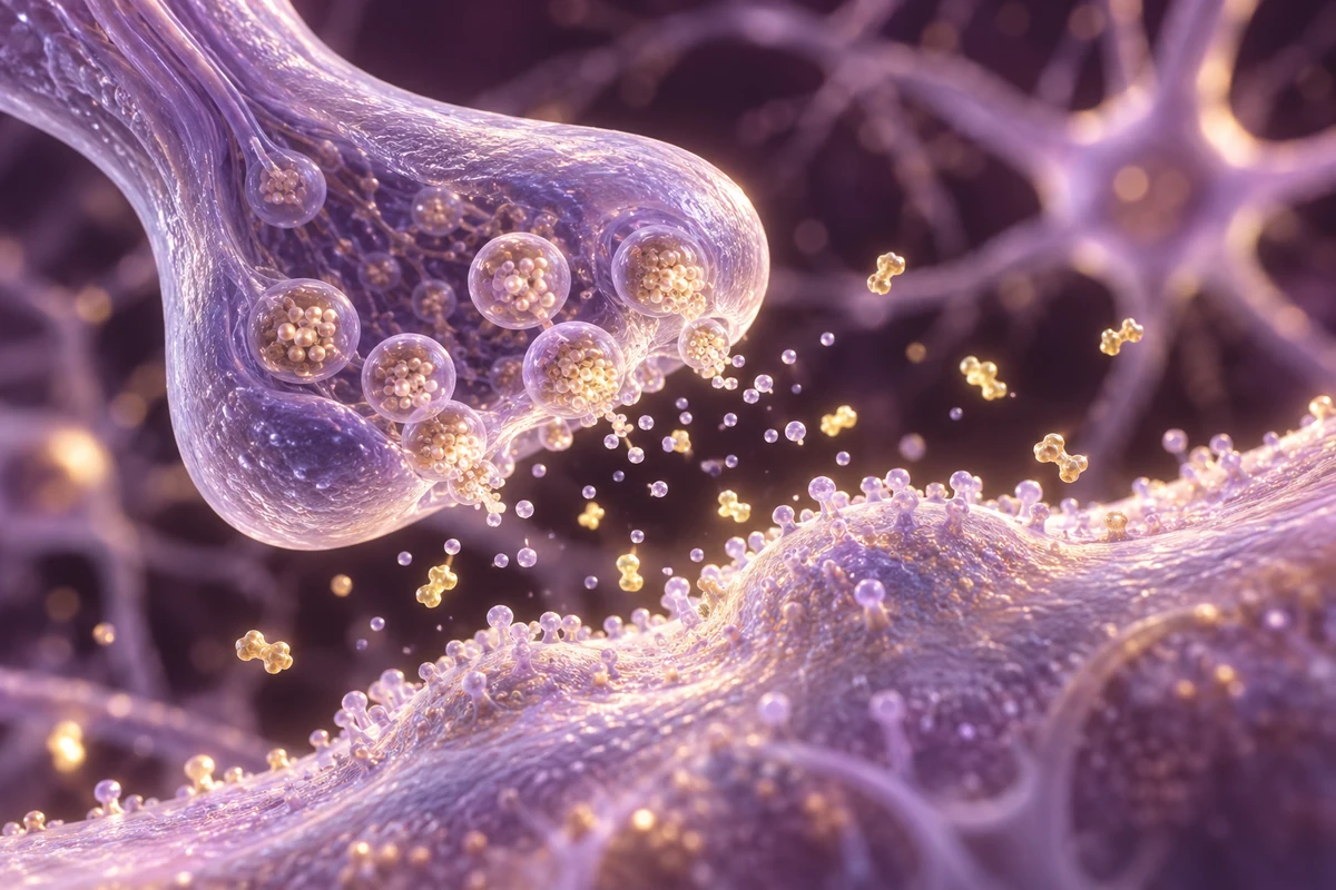 Conceptual neuronal synapse with vesicles, a synaptic cleft and surrounding peptide particles