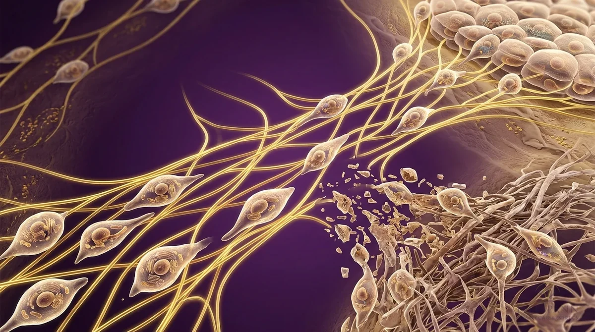 Stylized tissue fibers and cells illustrating the context of thymosin-related research