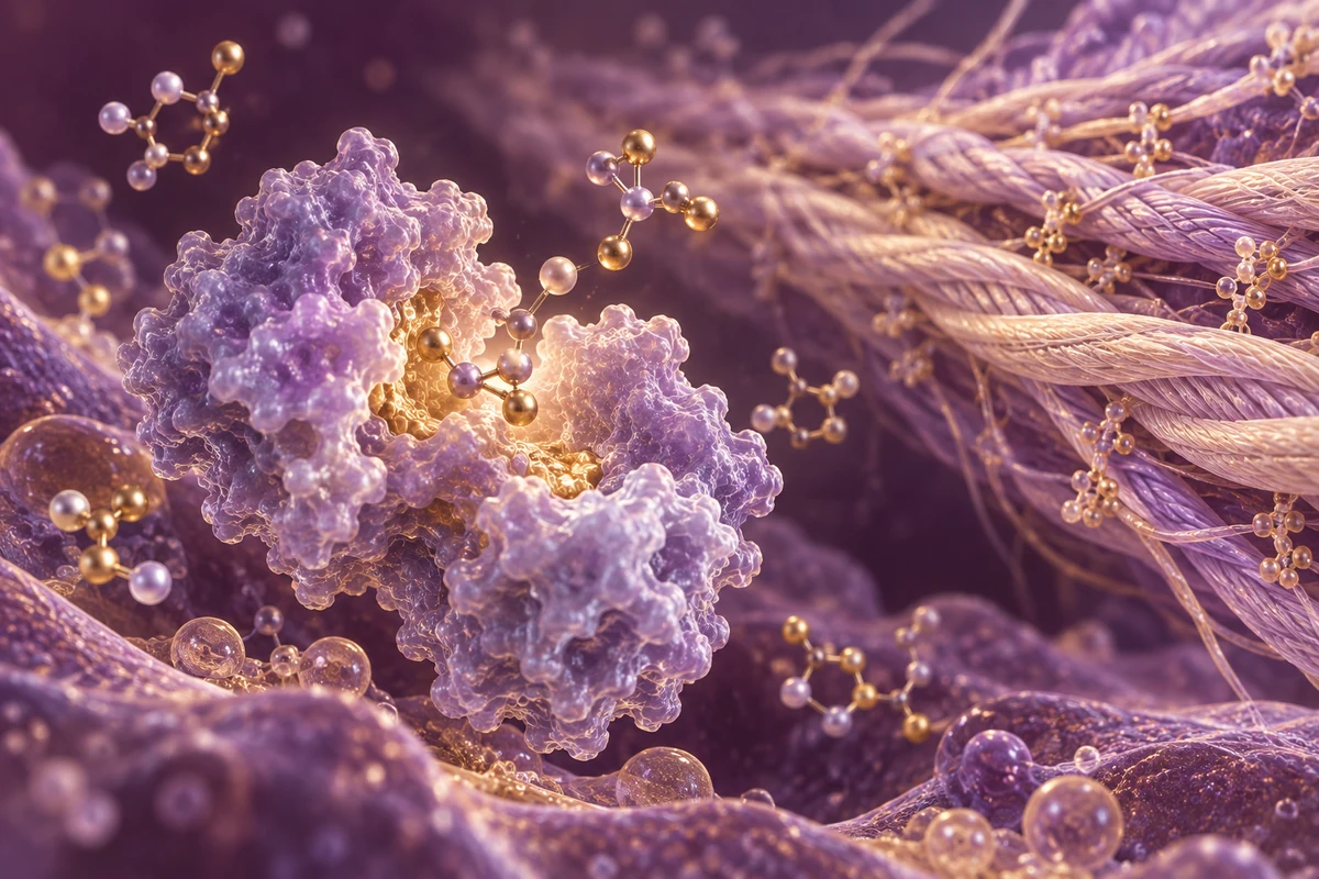 Conceptual vitamin C-related chemistry and collagen fibers in a cellular environment